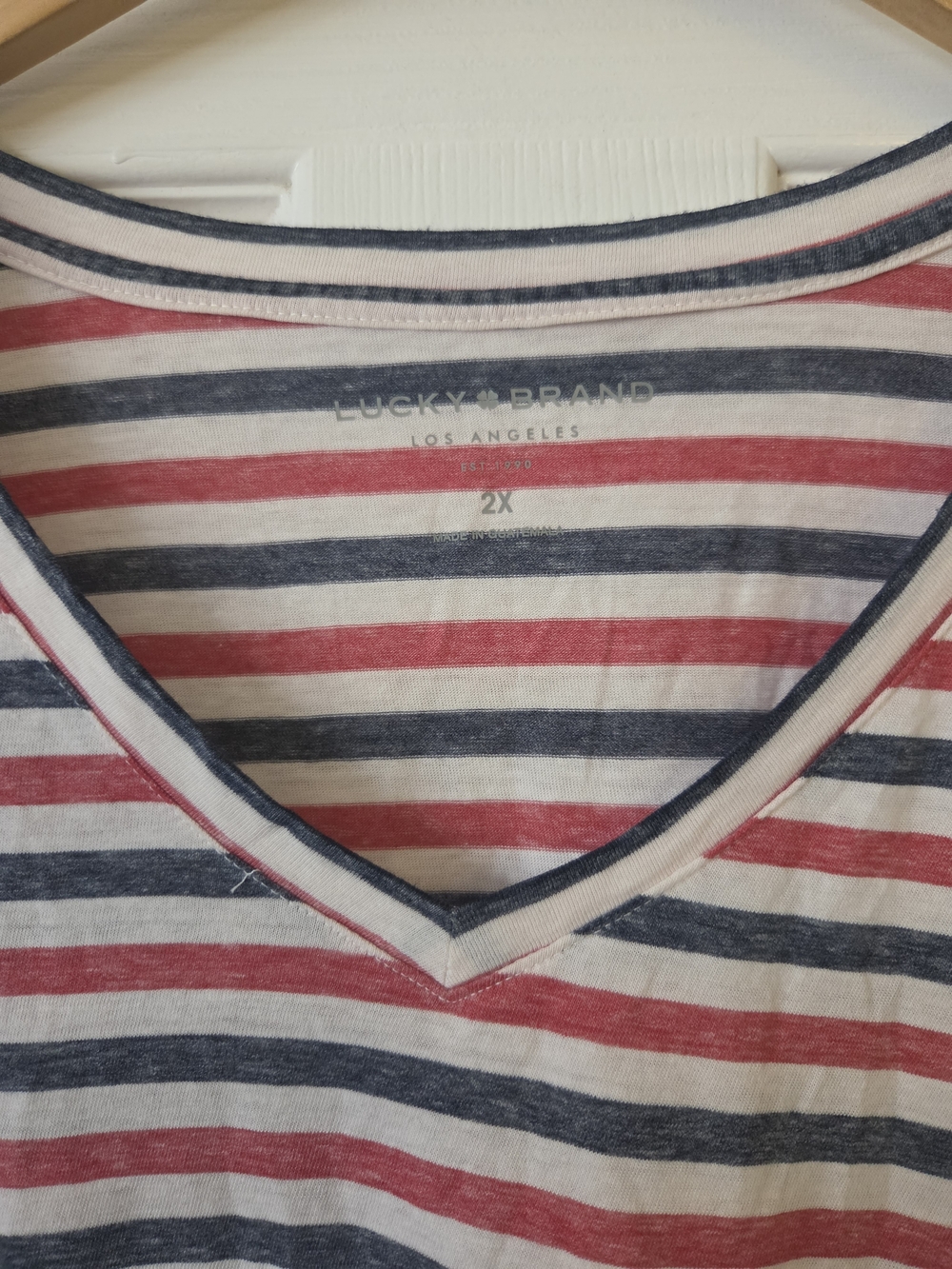 Lucky Brand Women's V-Neck Short Sleeve Striped Tee in Red, Navy & White - Picture 2 of 5